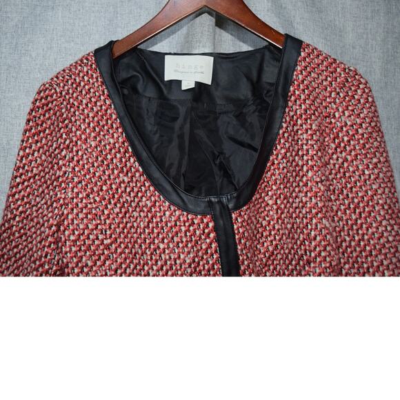 Hinge Red Black Bouclé Tweed Cropped Jacket Faux Leather Trim Women’s Small - Picture 2 of 4